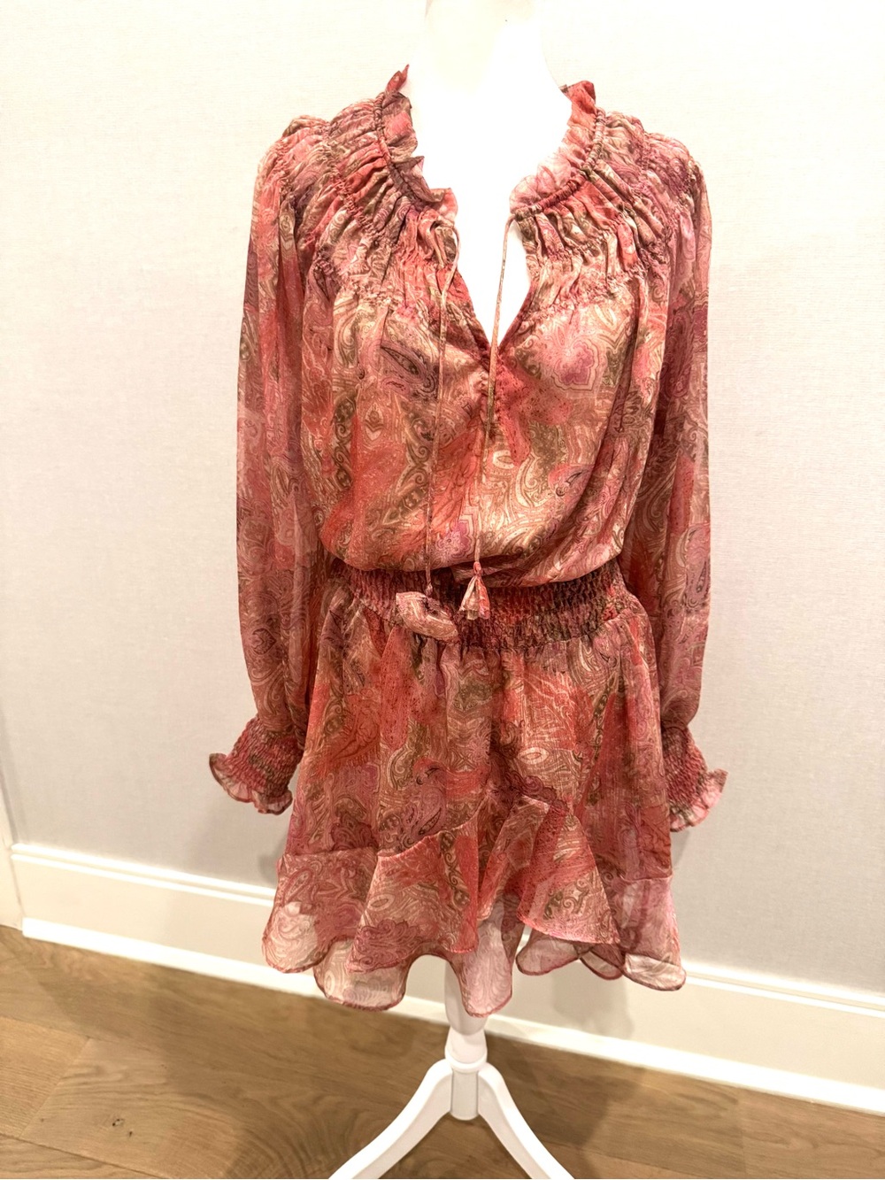 Misa Los Angeles Rust Paisley Tie-Neck Smocked Mini Dress